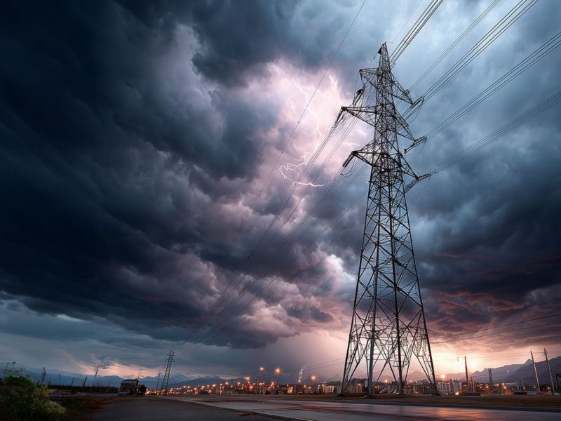 Hochspannungsmast im bewölkten Himmel – Symbol für das europäische Stromnetz und dezentrale Energieversorgung