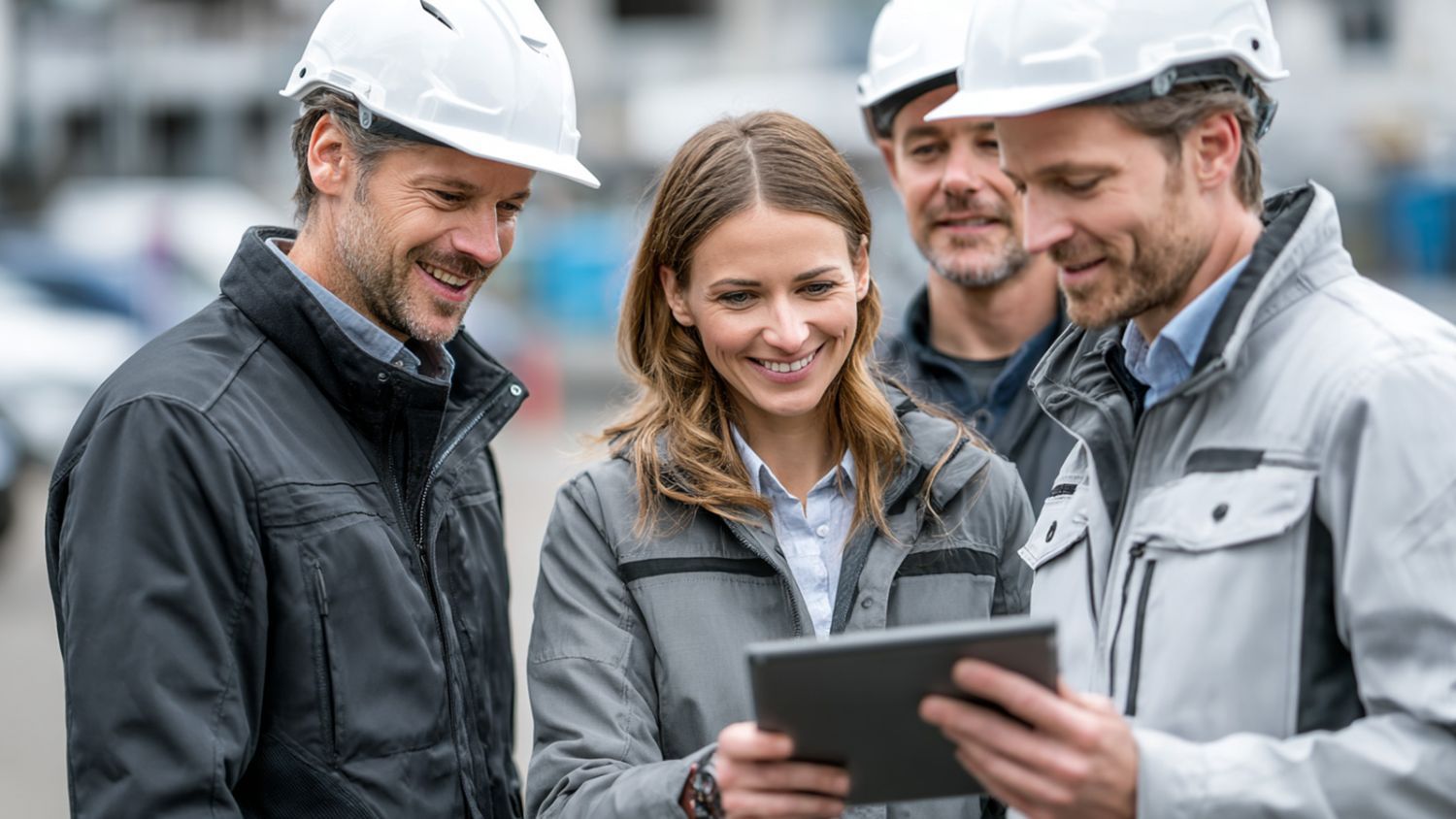 MySolar PV Team mit Schutzhelmen und Tablet bei der Projektbesprechung auf einer Baustelle