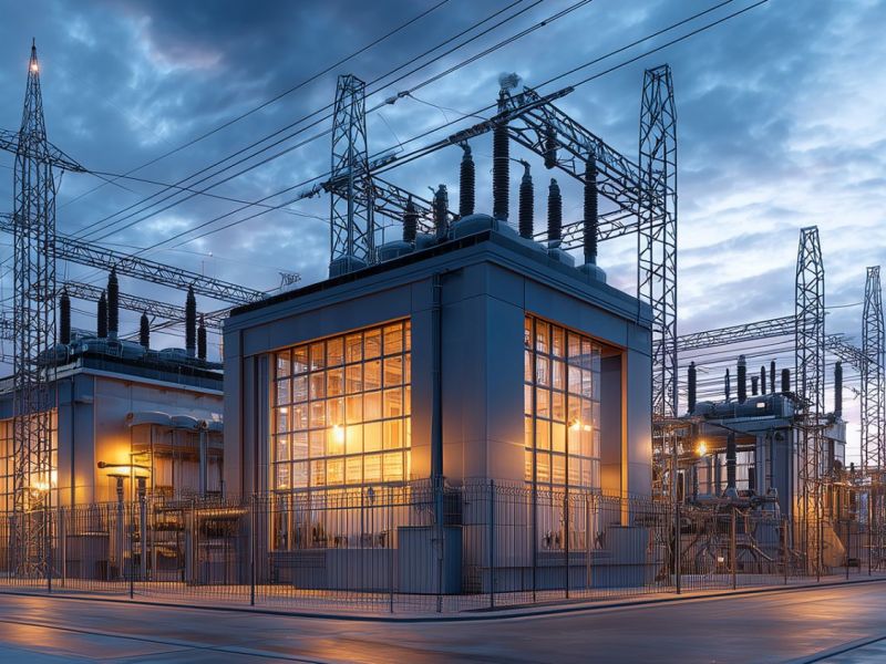 Industrielles Umspannwerk bei Nacht – Energieinfrastruktur für Batteriespeicher und Netzanbindung