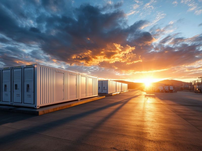 Schlüsselfertige Großspeicher-Container von MySolar PV bei Sonnenuntergang – Batteriespeicher für Industrie und Gewerbe