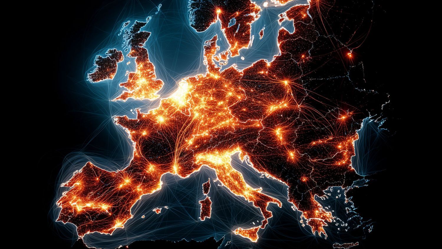 Leuchtende Vernetzungskarte Europas – symbolisiert das europäische Stromnetz und dezentrale Energieinfrastruktur