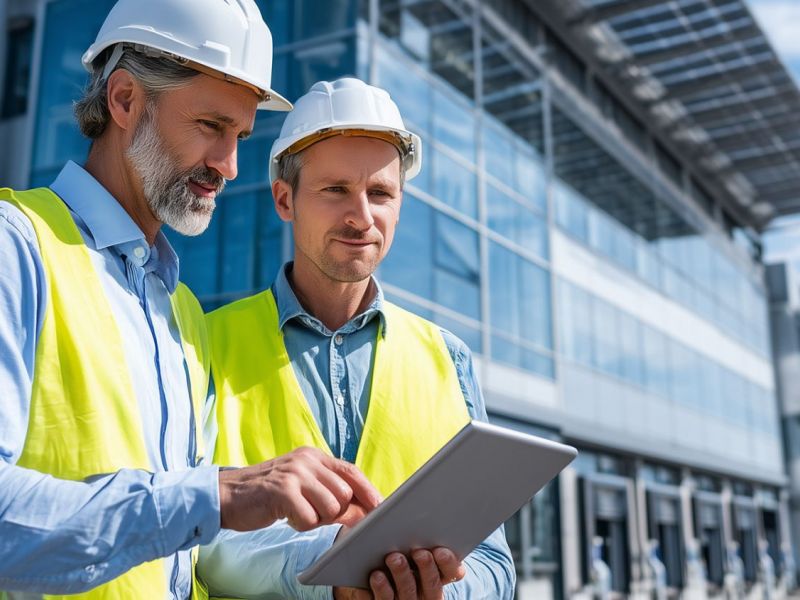 Zwei MySolar-Mitarbeiter mit Schutzhelmen besprechen ein Batteriespeicherprojekt auf einer Industrieanlage