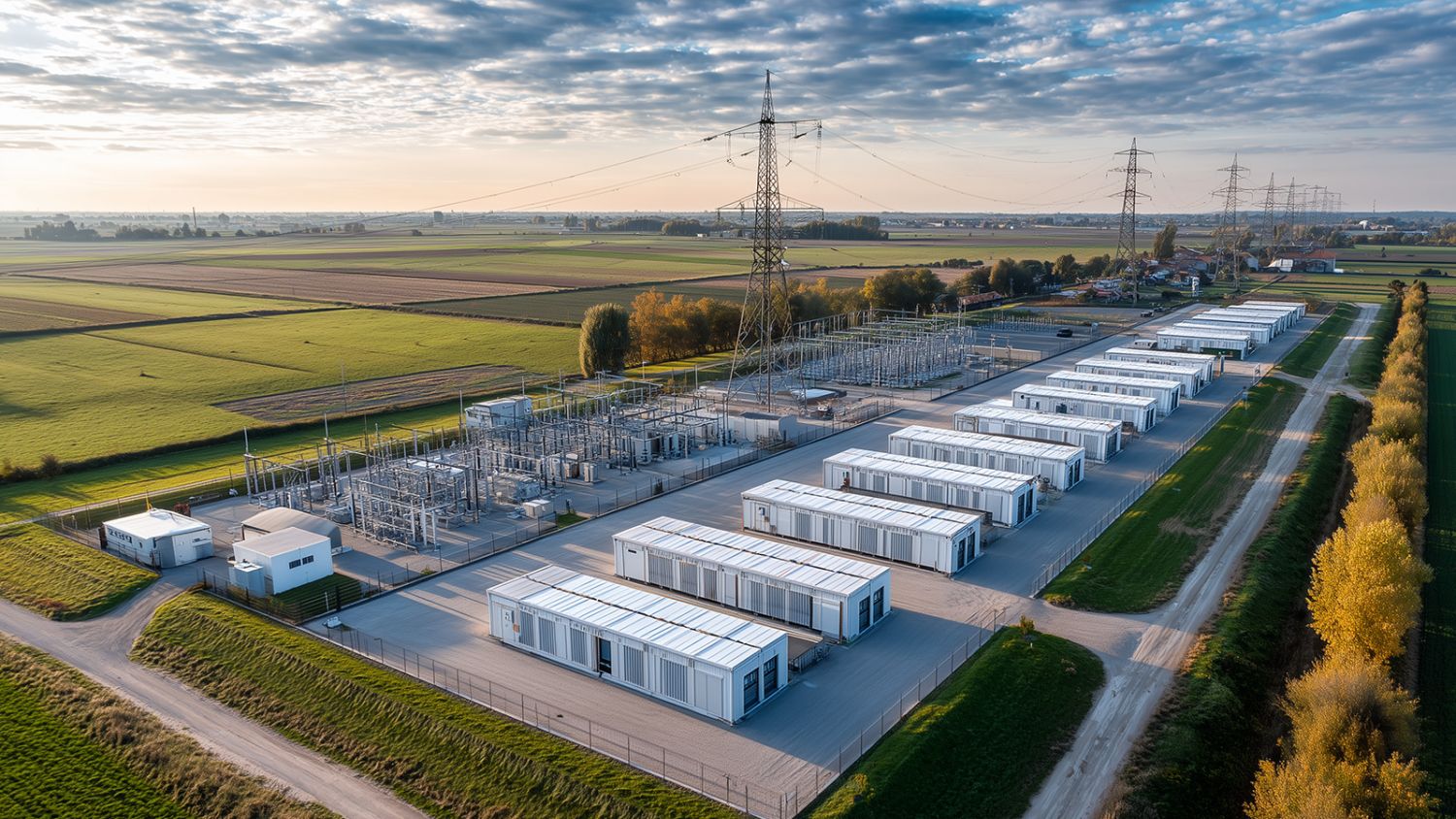 Luftaufnahme einer Großspeicher-Anlage mit Container-Batteriesystemen in der Landschaft – Projektentwicklung Energiespeicher von MySolar PV