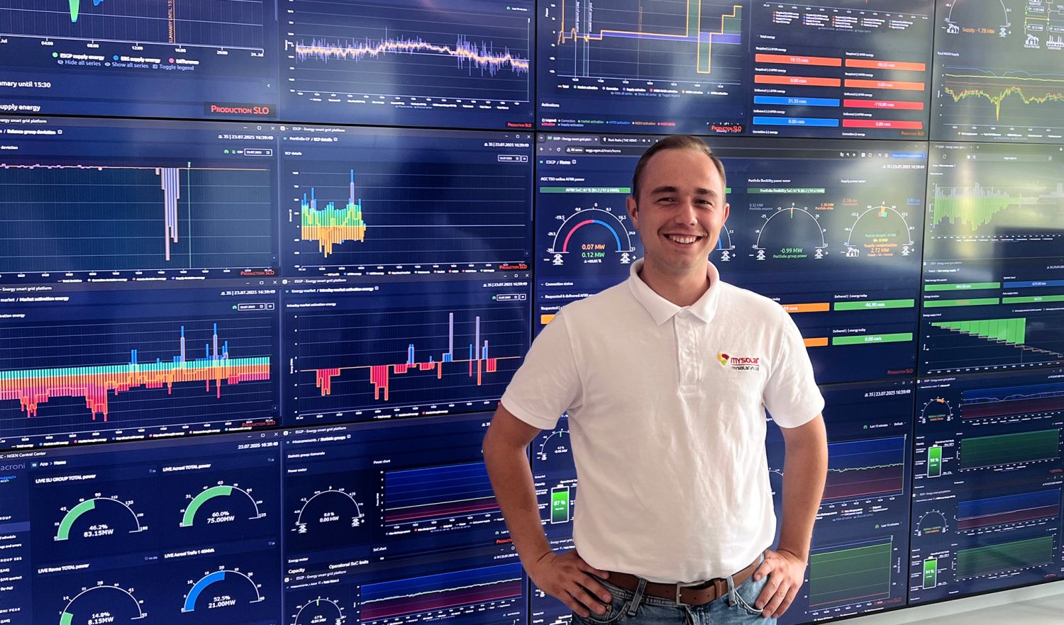 MySolar PV Mitarbeiter vor dem NGEN Virtual Power Plant Dashboard mit Echtzeit-Energiemarktdaten