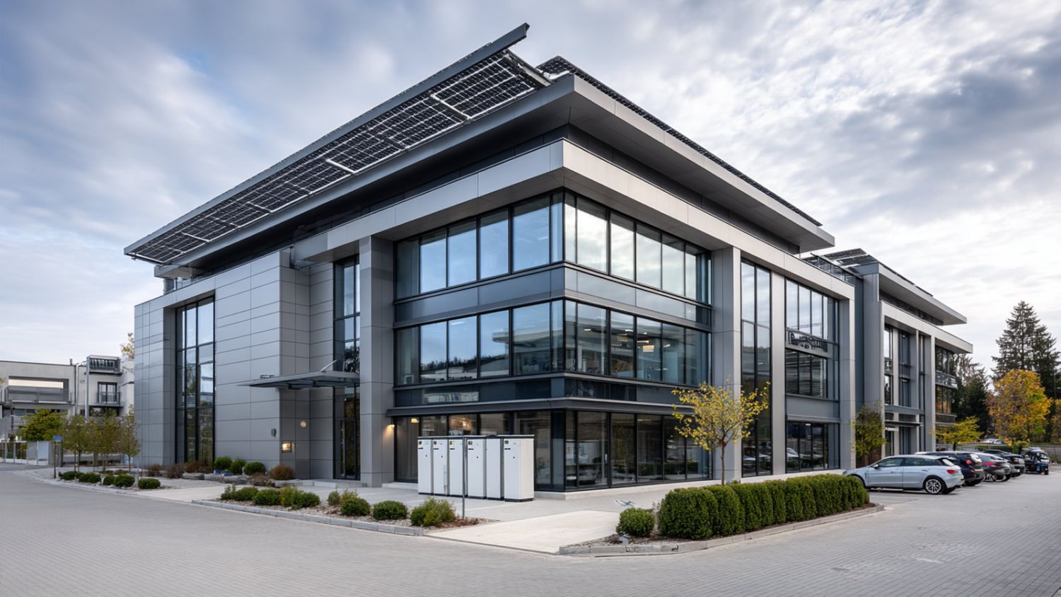 Beispiel Standortoptimierung: Modernes Gewerbegebäude mit Solaranlage auf dem Dach – Batteriespeicher Projektentwicklung MySolar PV